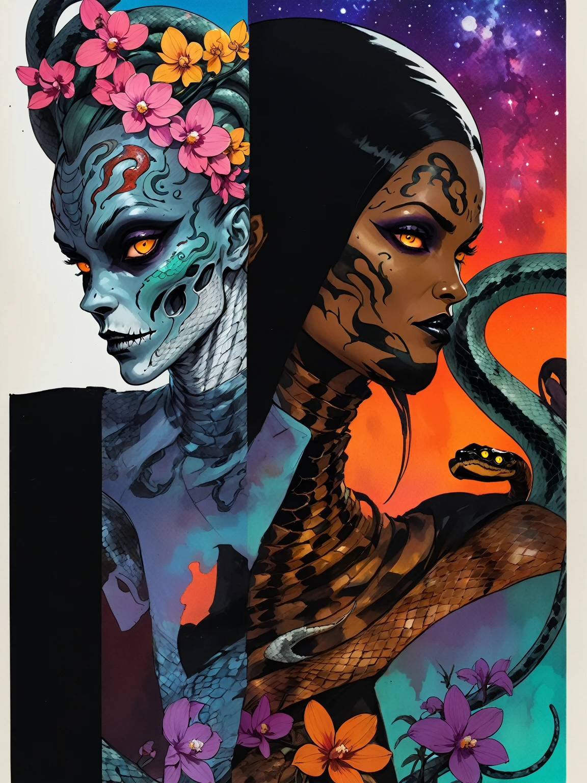 Medusa, splash page decompressed comic cover art, ink style figure,((expressive Joelle Jones and "Sean Gordon Murphy" comic drawing)), wordless, cinematic poster, double exposure, optical illusion, image within image, abyss void black no visibility darkness, full length portrait, (background, pine barrens, entropy, rewilding, magic hour sunset, galaxy stars, cosmos), (horror, abstract, surreal, body, cosmic), candid, snake skin dress, body anatomy drawn Frederic Delavier musculature anatomical illustration, (face, ornate black metal corpse paint, resembles Grace Jones), (body, Naga, snakefolk, lower body snake tail, snake woman hybrid, bald, hairless, skeleton, snake skin tattoos, piercing eyes, snake pupils, over the shoulder), (colors, bleak muted deep fiery radiant glowing ROYGBIV, forest green, earth brown), craftsmanship nuance, (Gerardo Zaffino charcoal), subliminal orchids, nyctophobia, silhouette