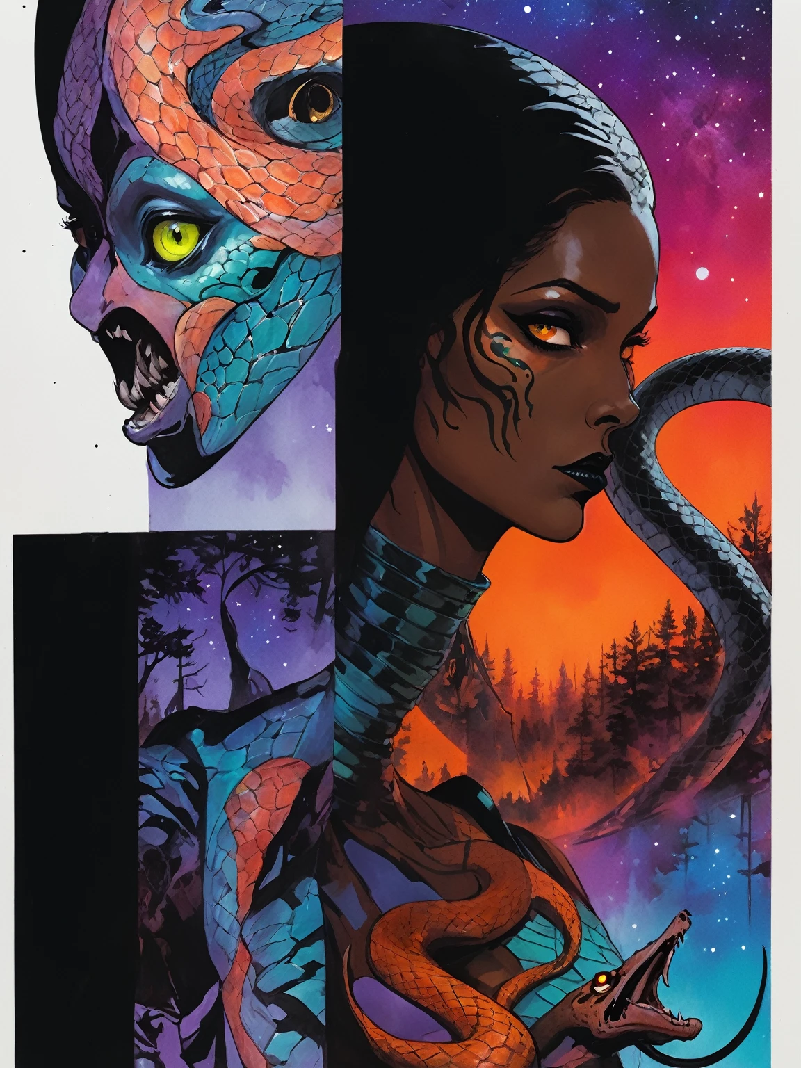 Medusa, splash page decompressed comic cover art, ink style figure,((expressive Joelle Jones and "Sean Gordon Murphy" comic drawing)), wordless, cinematic poster, double exposure, optical illusion, image within image, abyss void black no visibility darkness, full length portrait, (background, pine barrens, entropy, rewilding, magic hour sunset, galaxy stars, cosmos), (horror, abstract, surreal, body, cosmic), candid, snake skin dress, body anatomy drawn Frederic Delavier musculature anatomical illustration, (face, ornate black metal corpse paint, resembles Grace Jones), (body, Naga, snakefolk, lower body snake tail, snake woman hybrid, bald, hairless, skeleton, snake skin tattoos, piercing eyes, snake pupils, over the shoulder), (colors, bleak muted deep fiery radiant glowing ROYGBIV, forest green, earth brown), craftsmanship nuance, (Gerardo Zaffino charcoal), subliminal orchids, nyctophobia, silhouette





