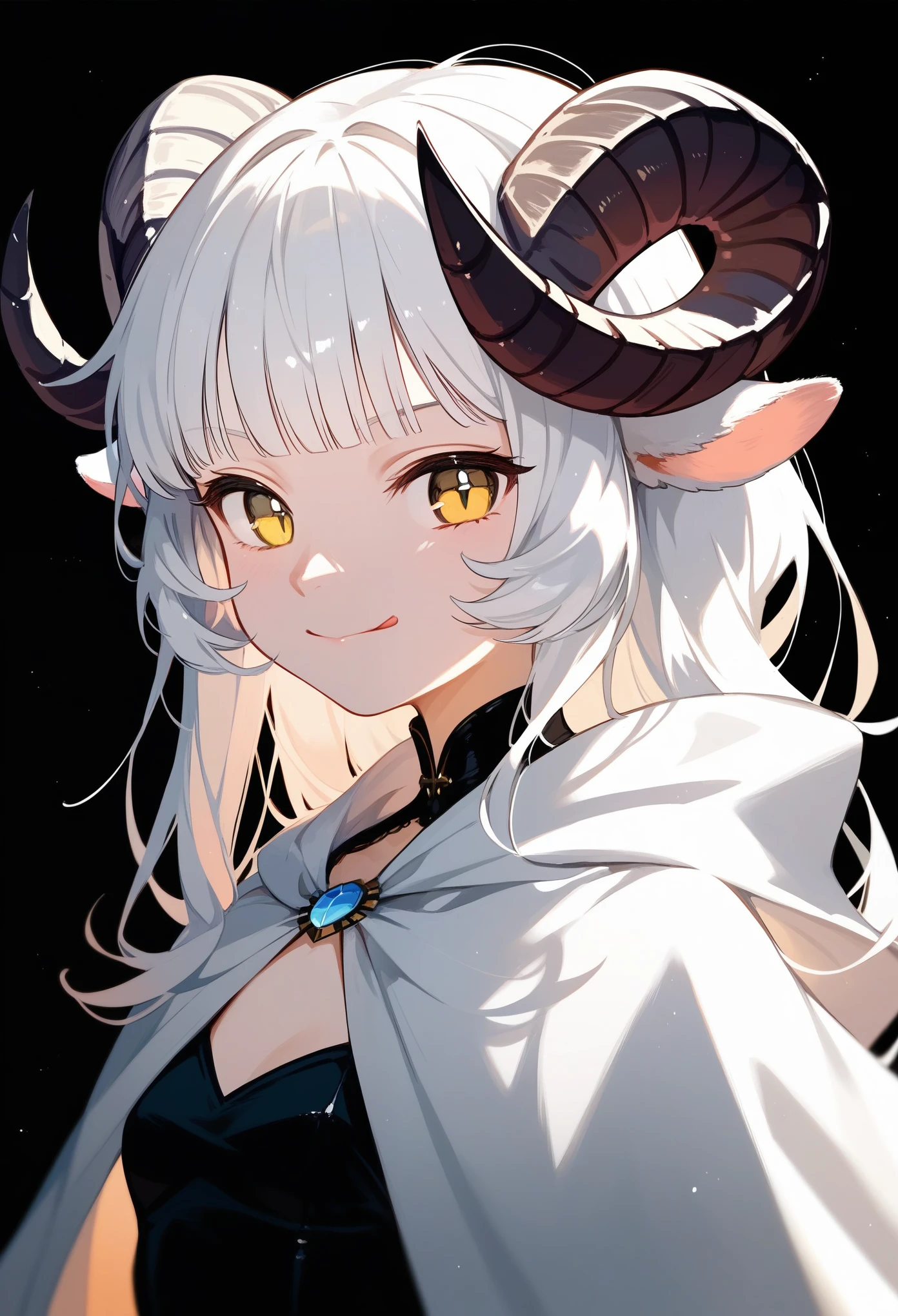 (score_9, score_8_up, score_7_up), 1girl, solo, sheep horns, curled horns, black horns, white sheep ears, white hair, long hair, hime cut, long bangs, sheep horns, curled horns, yellow eyes, evil smile, smug, tongue out, :p, small breasts, standing, wearing a white hooded cultist cloak, hood off, old fashioned, black dress beneath, black background, simple background, upper body, highres, detailed, best quality, masterpiece,
