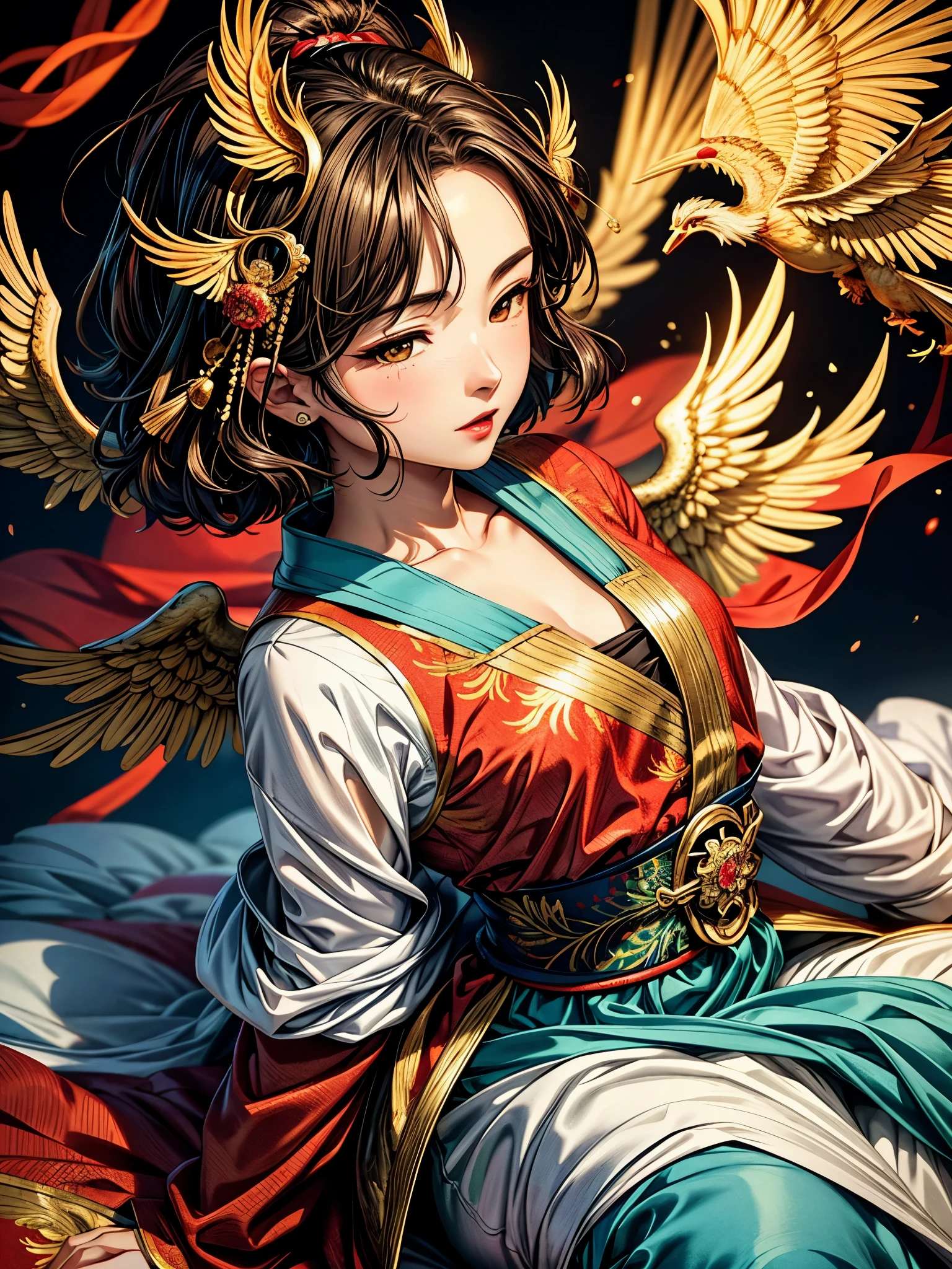 {{{{{illustration}}}}},author:Yuko Shimizu,1 Girl,Chinese Phoenix,Chinese Girl,female focus on, {{Colored ink drawing}},{{Ink splash}},{{Splash of Color}},{{{rich and colorful}}},{{sketch}}, masterpiece,best quality, Beautiful painting,Very detailed,