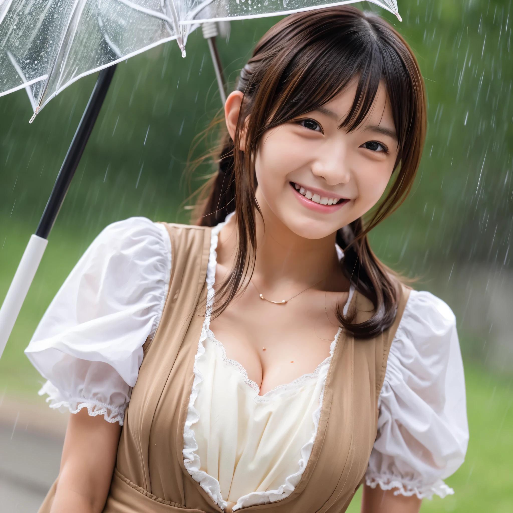 Cute face like a 15-year-old idol Smiling Kindly Japanese maid cafe outfit Maid clothes Cosplay Cleavage Medium bust In the heavy rain She doesn't have an umbrella My hair, face and whole body are soaked from the rain RAW Photos Genuine Genuine High resolution RAW Photos city