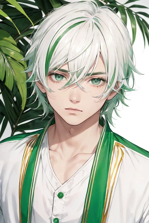 hombre joven de cabello blanco lacio largo con flequillo recto, piel blanca, ojos rasgados y de color verde esmeralda. Rostro bello
(cabello largo hasta la cadera)
(ojos aun mas verdes)
Cabello blanco
(sus pupilas son verticales)
da vibras de serpiente
