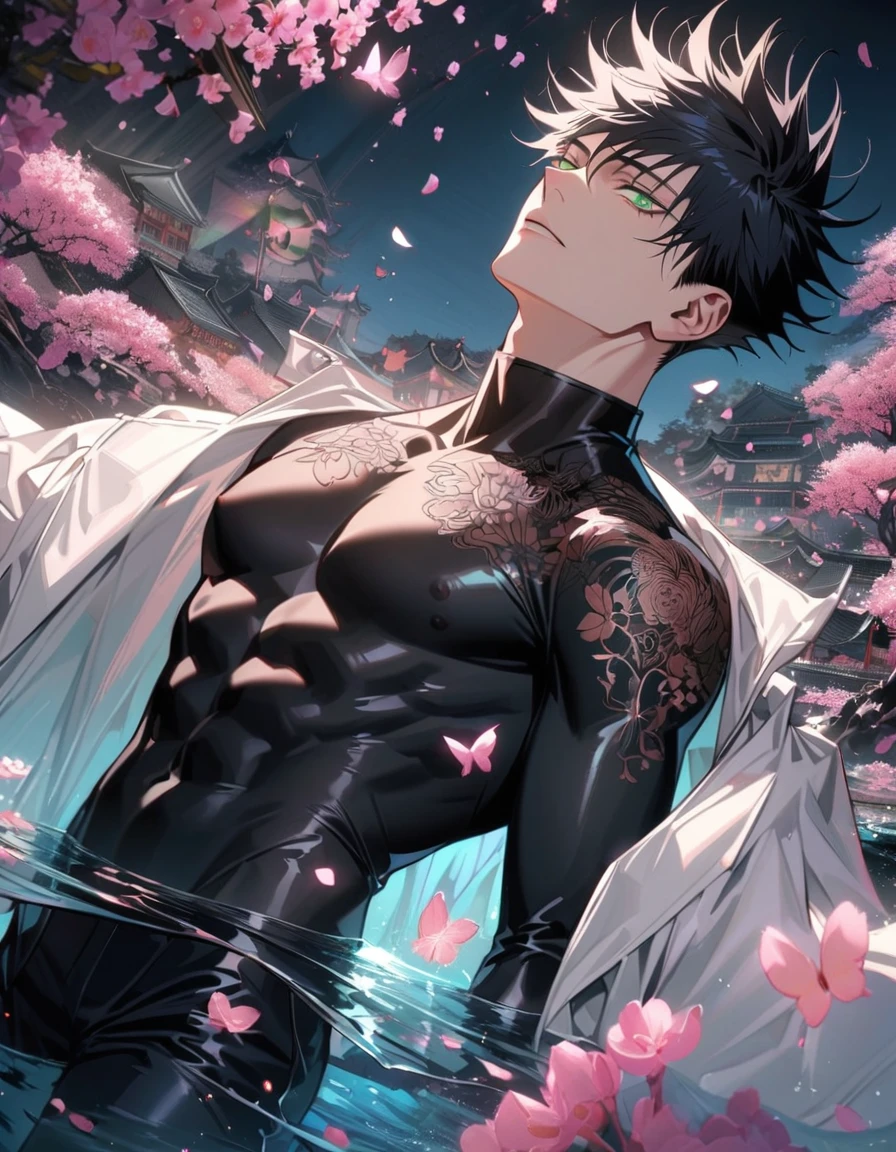 absurdres, highres, ultra detailed, HDR, master piece, detailed picture, extremely detailed face and eyes, Nicholas D. Wolfwood, black straight hair with bangs, expressive gray eyes, Trigun, black sunglasses, sexy man, handsome, toned chest, black jacket, gray shirt, water, pink lotus, petals, spring