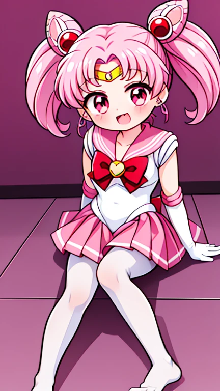 Sailor Moon,young年,Seven years old,cute,(Little Loli),Pink hair twintails,short hair,Sailor Suit,Red bow,White elbow gloves,Red Skirt,No shoes,Open your mouth,laughing out loud,Fangs,(White pantyhose),soles of feet,Soles,(young),(little man),sit