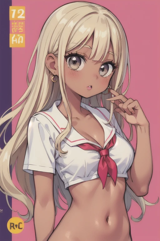 (masterpiece, best quality), 1girl, nude, Miss, Tall, Fit, Square Face, Dark Skin, blonde Hair, grey Eyes, Straight Nose, Thin Lips, Receding Chin, Long Hair, Wavy Hair, full breasts, earrings, lipstick, gyaru, gyaru loose school clothes,