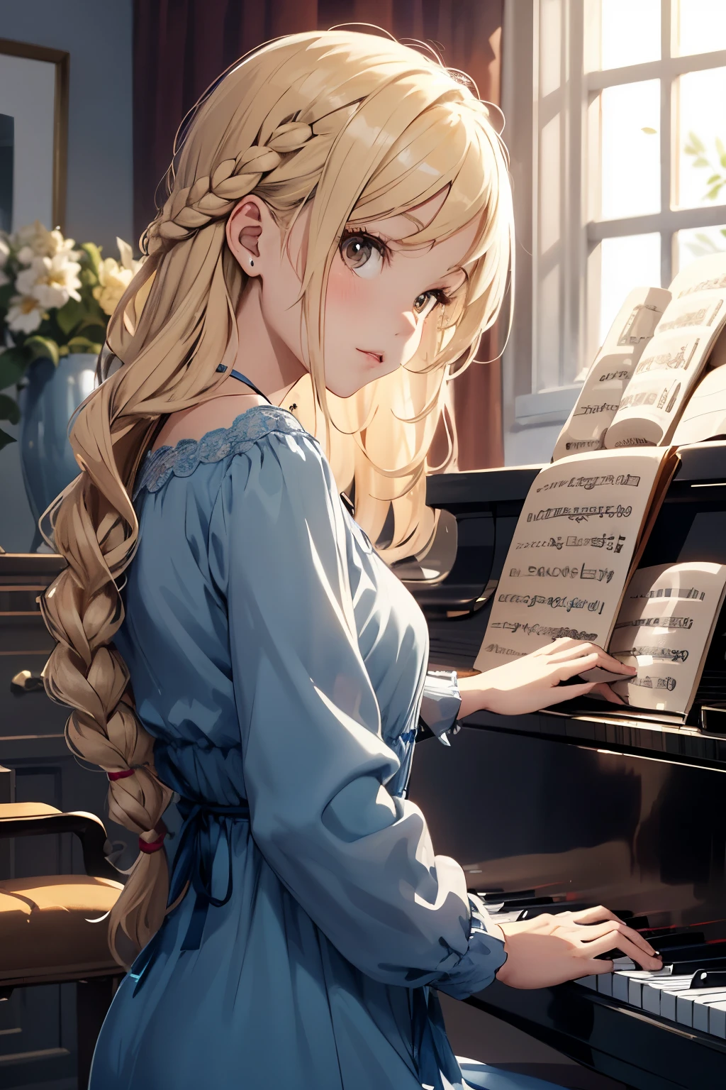 Blonde girl with curly long hair and brown eyes playing the piano at morning wearing a beautiful blue dress. She has flowers and braids in her hair