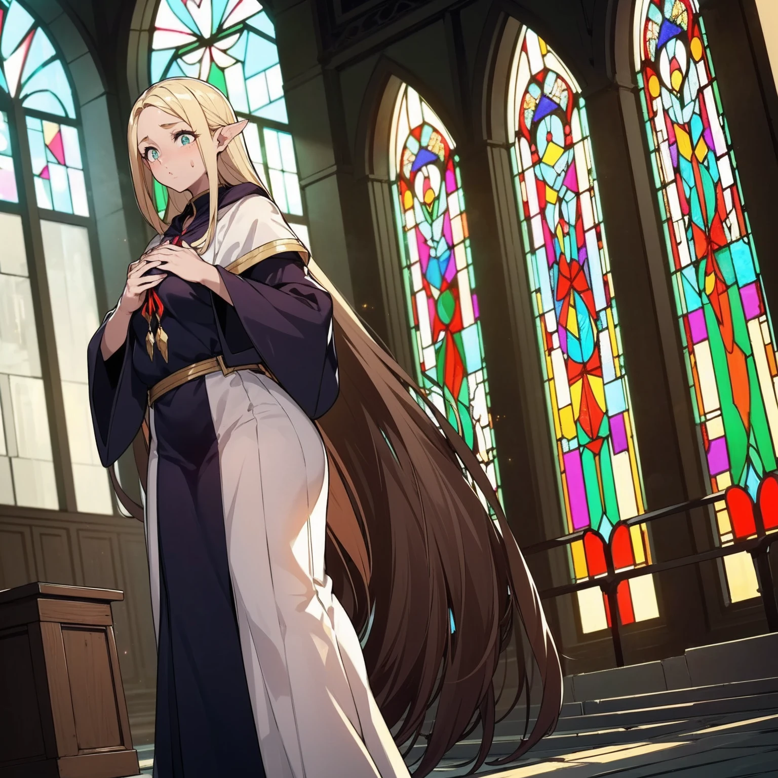 (masterpiece, Highest quality;1.3),(Movie Posters:1.2), 1 person, Beautiful blonde woman、Tied to a cross as a sacrifice, Eyes wide open, expression of fear、The Devil Descends, Candlelight, Long Shadow, Dark ritual room,Symmetrical Configuration, Super detailed、8K