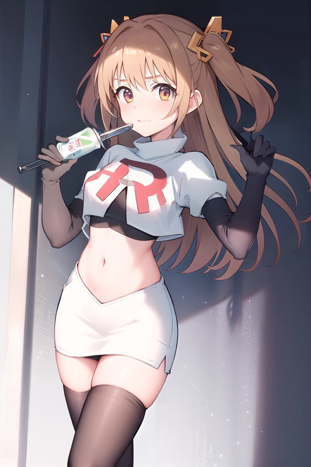 nozomi_routine,1girl, solo, long hair, two side up, holding, hair ornament, looking at viewer,yellow bow, hair ornament, team rocket,team rocket uniform,white skirt,red letter R,crop top,black thigh-highs,black elbow gloves