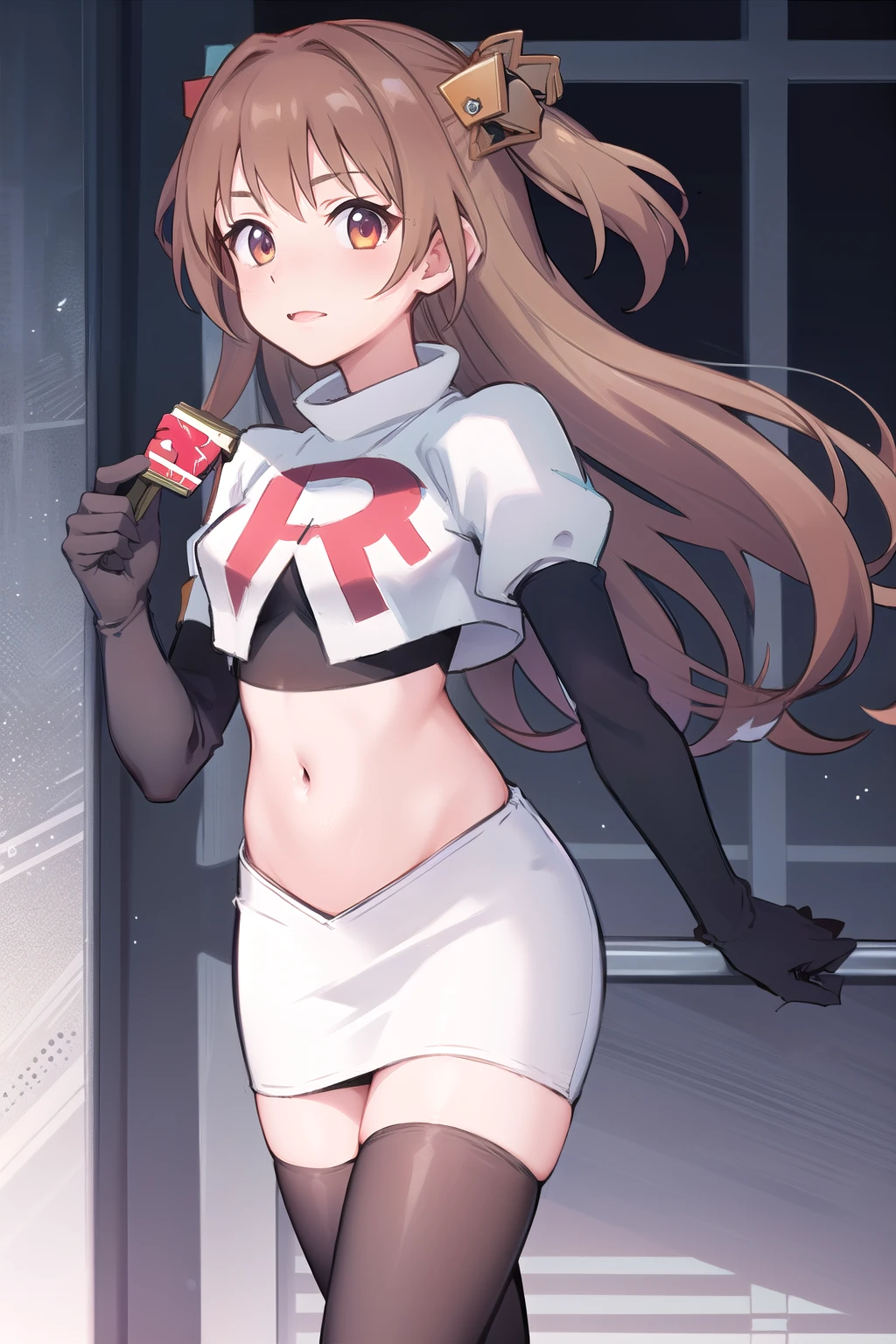 nozomi_routine,1girl, solo, long hair, two side up, holding, hair ornament, looking at viewer,yellow bow, hair ornament, team rocket,team rocket uniform,white skirt,red letter R,crop top,black thigh-highs,black elbow gloves