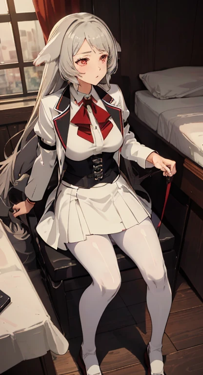 National Foundation,1 Girl , 1 person ,,bedroom,on the bed,retreat,(1 Girl ,1 person, couple),whole body,Piersena,a girl named pasina, Mushoku Tensei, wearing clothes,Red bow tie,White jacket,Open jacket,Long sleeve,,White shirt,High waist skirt,Collared shirt, Very long hair, Gray hair,Long fox tail,Fox ears, Long sleeve,Red Skirt, Brown loafers, (Black pantyhose), suit, (White suit:1.5), Waist bag,black corset,White lace,Looking at the audience,wearing clothes,((1 Girl,1 person,,Make love,Cum on)),Girl trembles from sex,