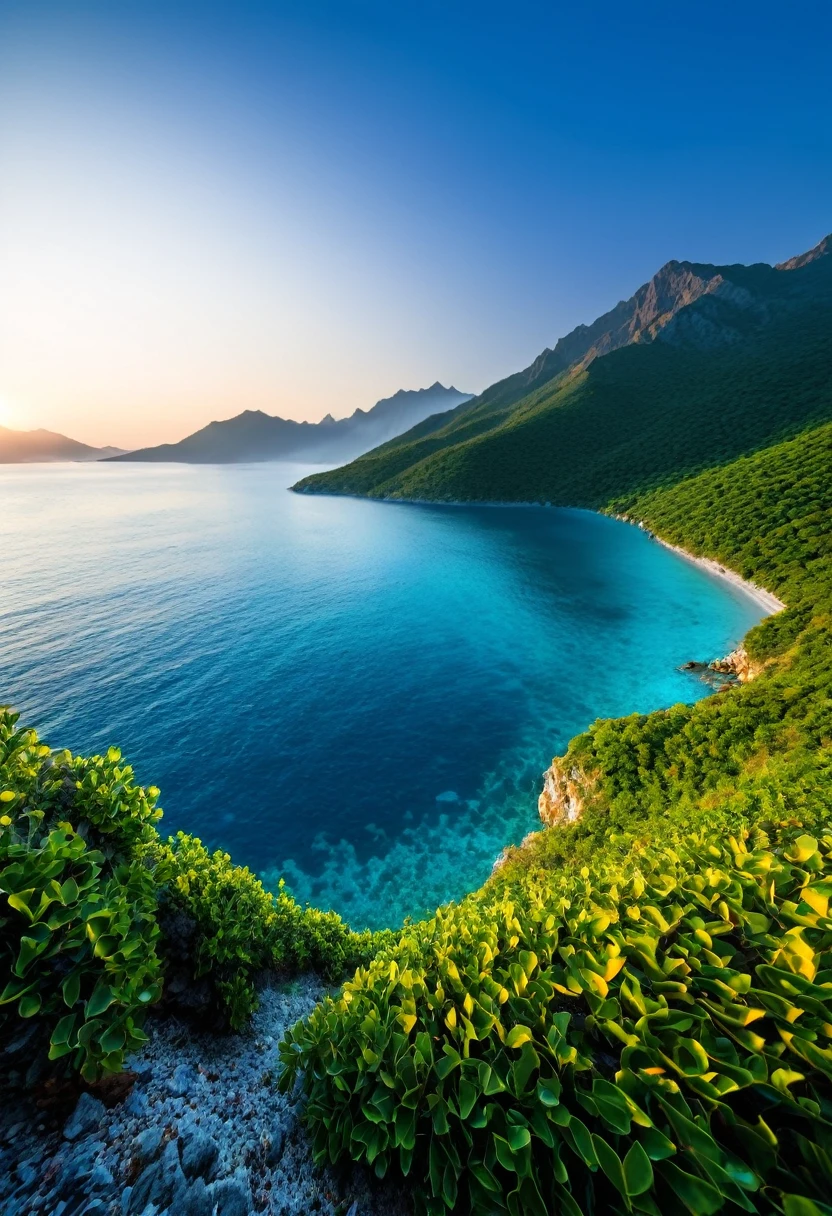 A beautiful sunrise landscape between mountains with crystal blue sea and beautiful vegetation