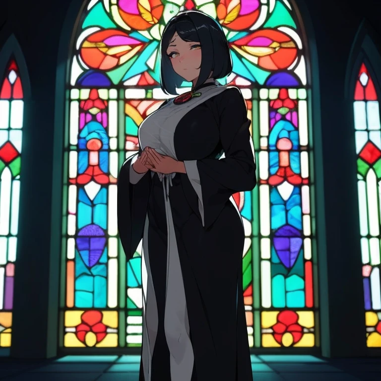 (Sozinho:1.2), (1 freira fofa rezando:1.3) Standing in the church, (praying with hands clasped on chest:1.2), Muito magro, (robe preto longo e transparente:1.5), (seios desproporcionalmente gigantescos:1.3), (estourando seios empinados:1.2), cintura inconcebivelmente estreita, tronco muito curto, pernas longas e magras, fechando os olhos, nariz corado, Boca aberta, (Heavy breathing:1.2), stained glass in the distance, corpo todo, 8k, ultra-detalhado, obra de arte, lindo cabelo detalhado
