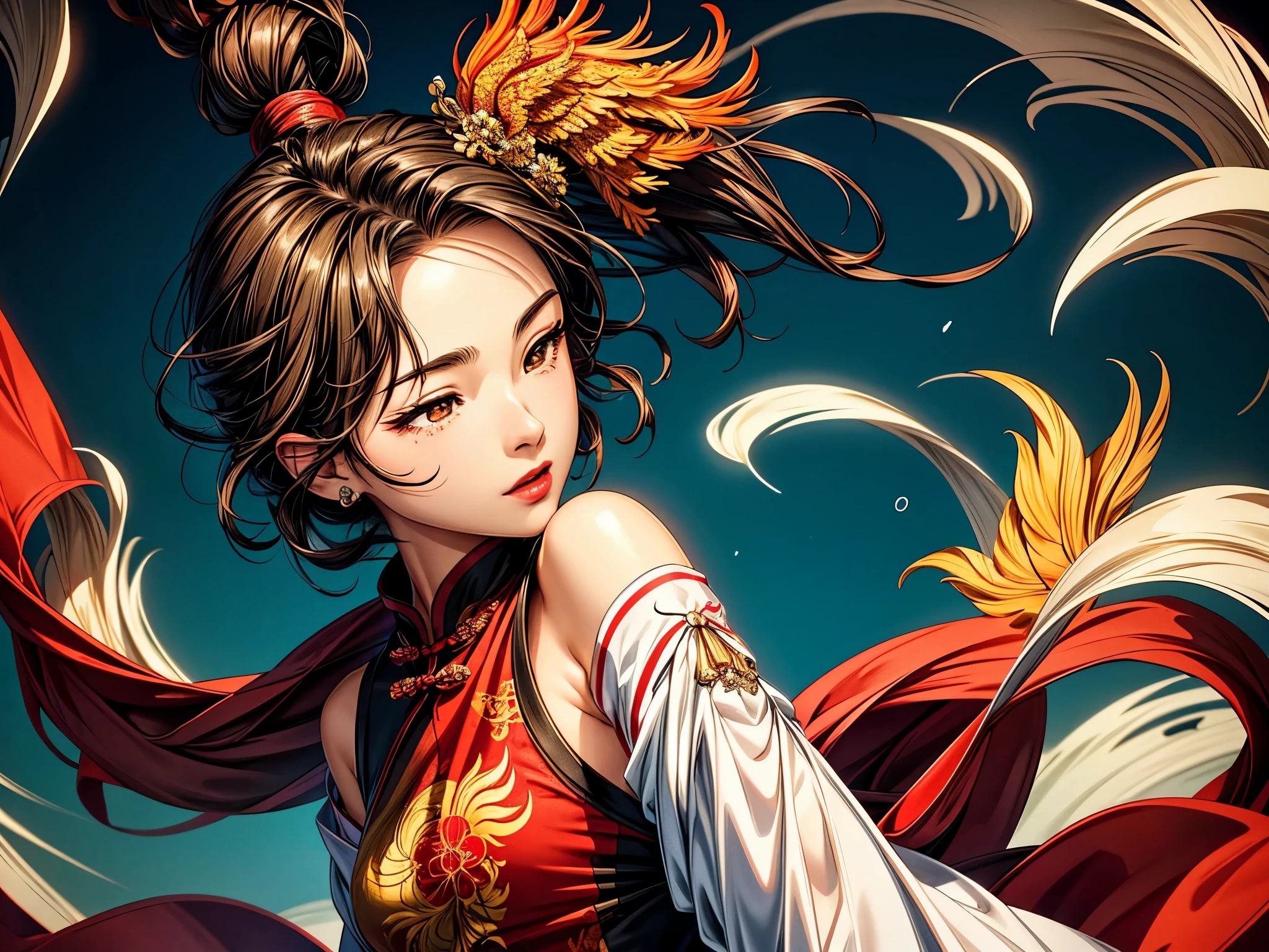 {{{{{illustration}}}}},author:Yuko Shimizu,1 Girl,Chinese Phoenix,Chinese Girl,female focus on, {{Colored ink drawing}},{{Ink splash}},{{Splash of Color}},{{{rich and colorful}}},{{sketch}}, masterpiece,best quality, Beautiful painting,Very detailed,