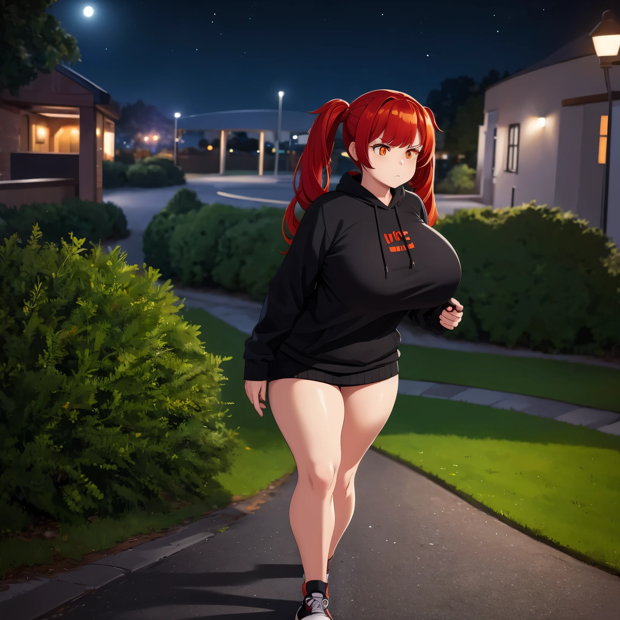 A woman with red hair, pigtails, orange eyes, wearing a black sweatshirt, thighs exposed, wearing black sneakers, big breasts, serious face, walking on a walk in a park at night.,(woman solo)ultra resolution, very detailed, HDR, masterpiece, 8K hd