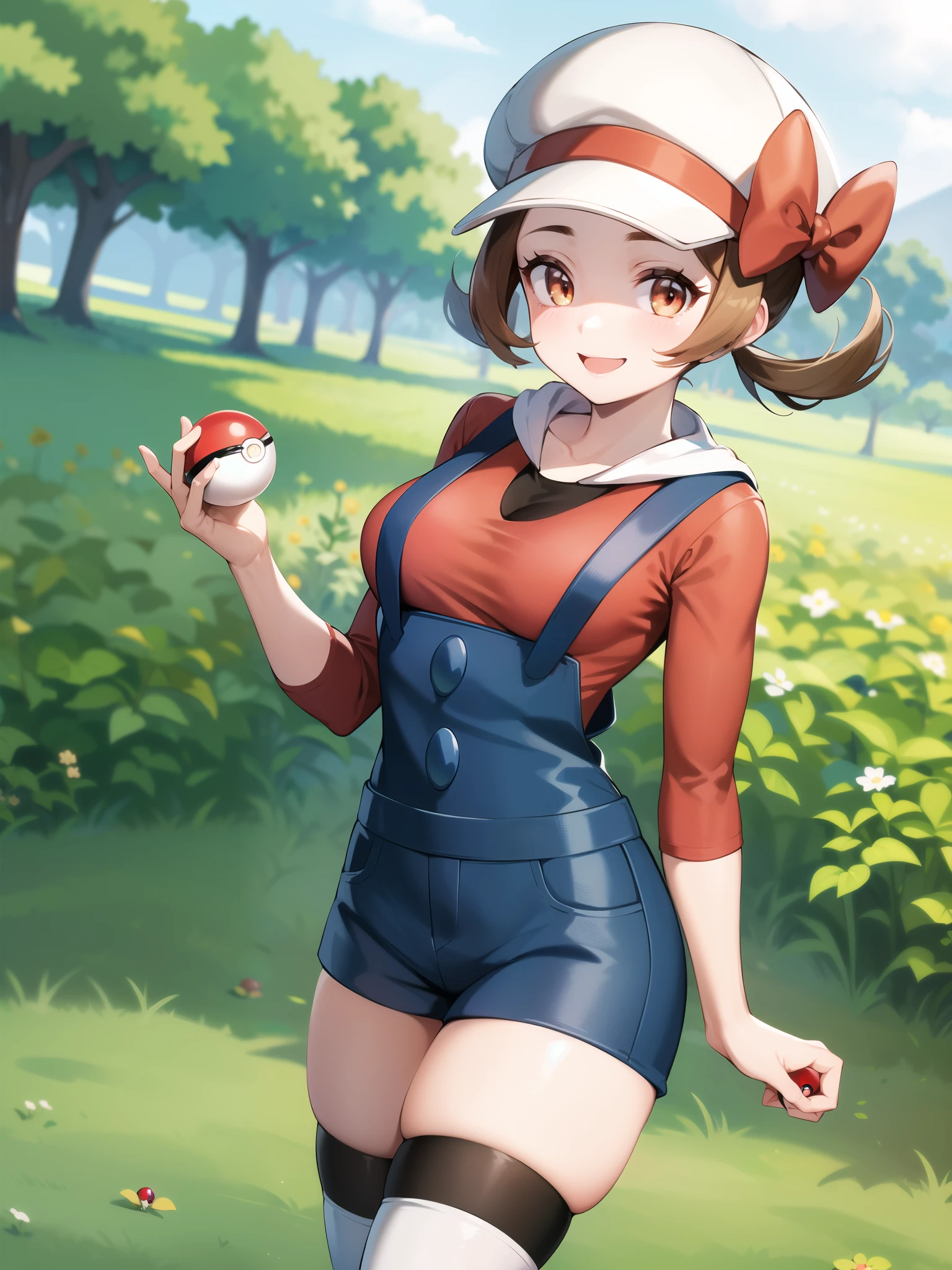 masterpiece, best quality, highres, ly01, overalls, white thighhighs, red bow, red shirt, white headwear, hat bow, eyelashes, thighs, breasts, mature female, outdoors, smile, holding poke ball, poke ball