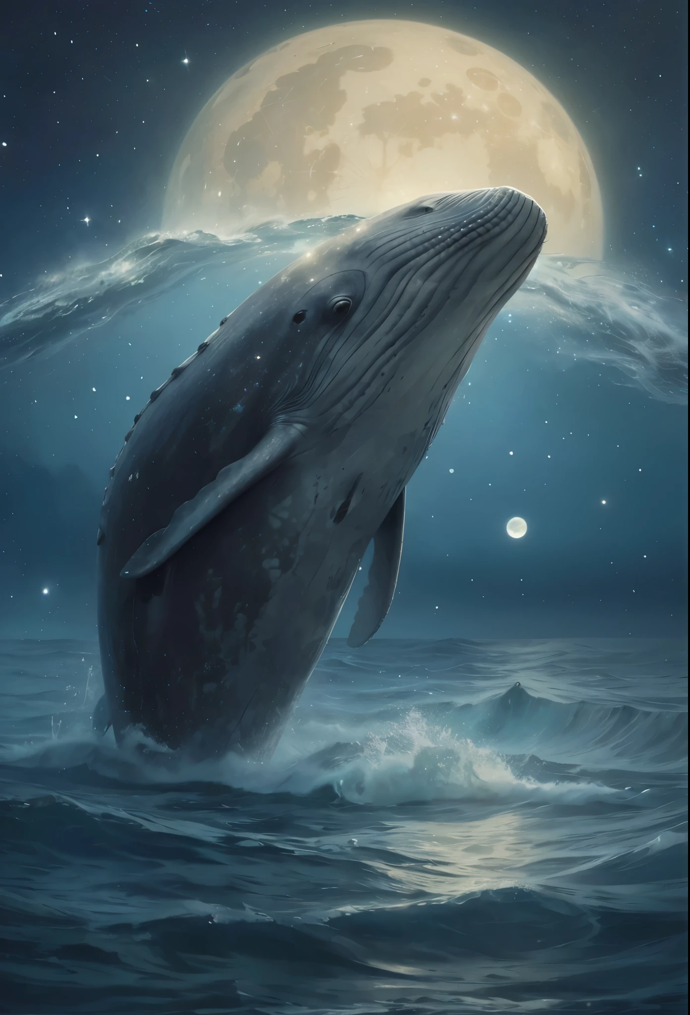 A huge gray whale jumps out of the starry sea, Magnetic storms, the night, starry sky sea, a huge gray whale in the starry sky, Jean-Baptiste Monge, anthropomorphic --ar 2:3 --testp -optimistic; Straight hair
