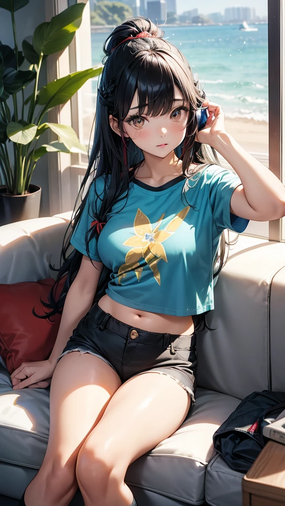 av idol. 29-years-old Japanese woman. very curvasious and medium breast. gold eyes. long black hair to her shoulders and bangs in the front. Red ribbon in her hair. Wearing a floral blue green lightning half t-shirt. exposing her navel. aqua blue short legging and socks. sitting on couch, texting on phone. not looking at camera.