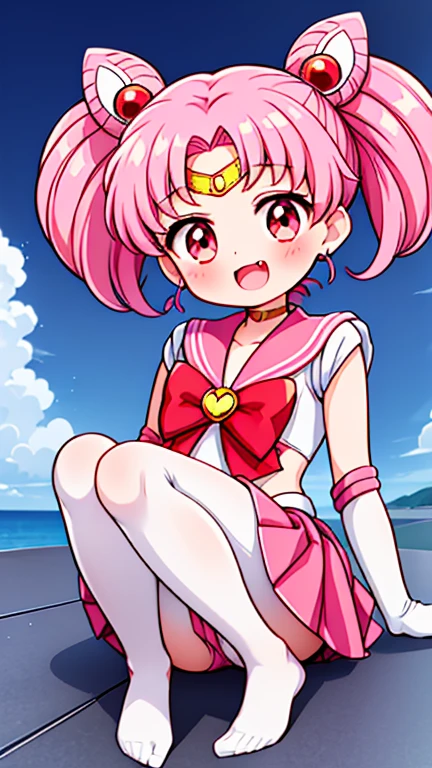 Sailor Moon,young年,Seven years old,cute,(Little Loli),Pink hair twintails,short hair,Sailor Suit,Red bow,White elbow gloves,Red Skirt,No shoes,Open your mouth,laughing out loud,Fangs,(White pantyhose),soles of feet,Soles,(young),(little man),sit