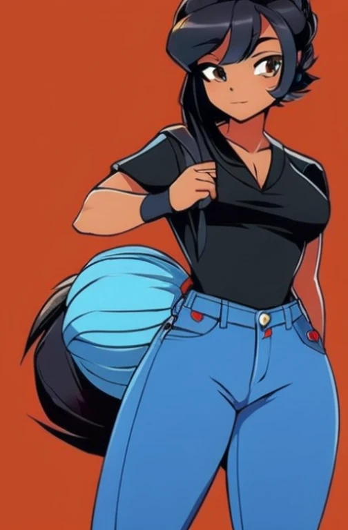 (3/4 retrato) adolescente de pele morena escura, Olhos muito afiados (olhos pretos afiados), medium black hair (penteado com corte de lobo em camadas longas), camisa branca sem mangas (Ajuste solto), black karate gloves, very wide pants (wide blue jeans, Wide Jeans, high waist jeans cargo pants)