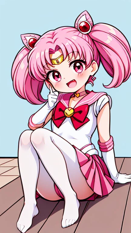 Sailor Moon，young年，Seven years old，cute，（Little Loli），Pink hair twintails，short hair，Sailor Suit，Red bow，White elbow gloves，Red Skirt，No shoes，Open your mouth，laughing out loud，Fangs，(White pantyhose),soles of feet，Soles，(young)，(little man)，sit