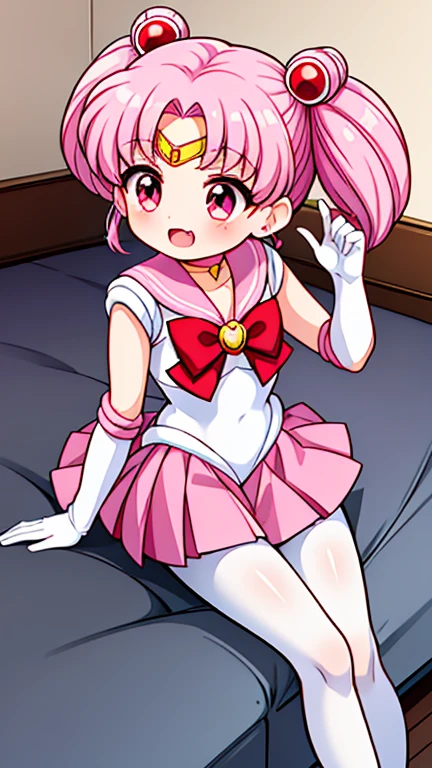 Sailor Moon，young年，Seven years old，cute，（Little ****），Pink hair twintails，short hair，Sailor Suit，Red bow，White elbow gloves，Red Skirt，No shoes，Open your mouth，laughing out loud，Fangs，(White pantyhose),soles of feet，Soles，(young)，(little man)，sit