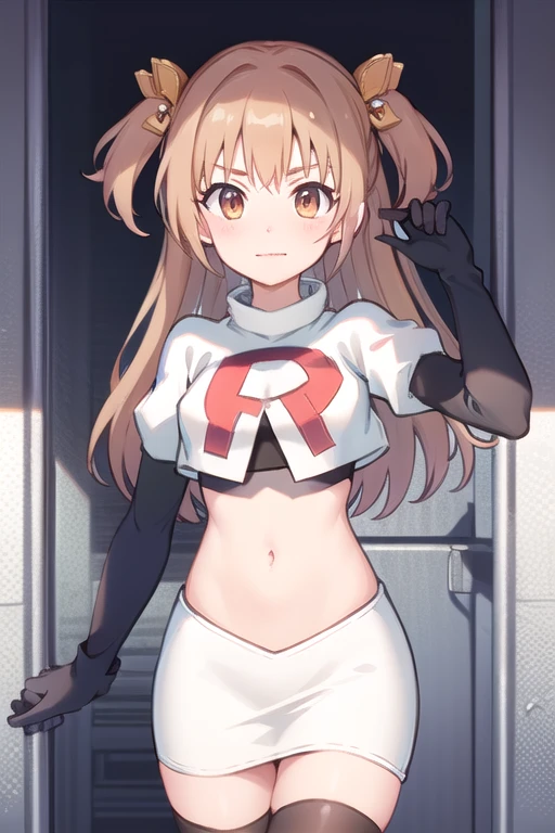 nozomi_routine,1girl, solo, long hair, two side up, holding, hair ornament, looking at viewer,yellow bow, hair ornament,  team rocket,team rocket uniform,white skirt,red letter R,crop top,black thigh-highs,black elbow gloves
