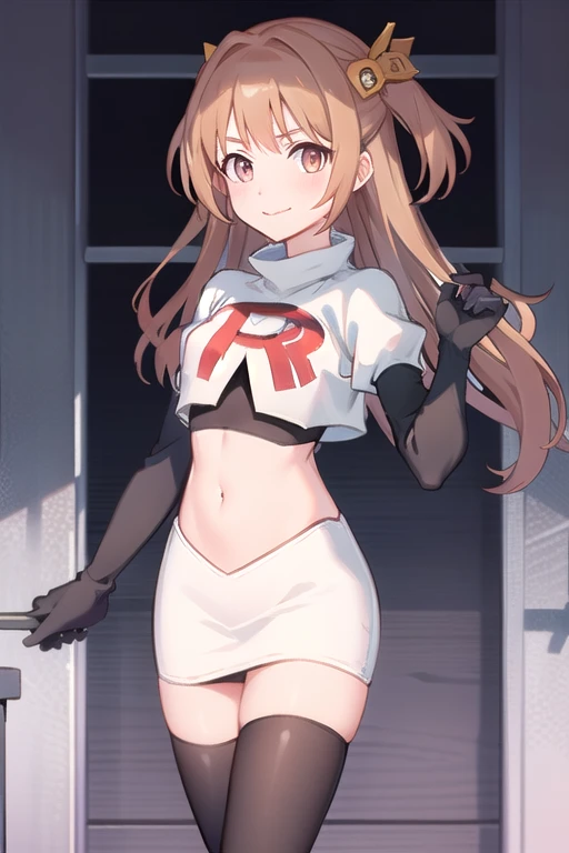 nozomi_routine,1girl, solo, long hair, two side up, holding, hair ornament, looking at viewer,yellow bow, hair ornament, team rocket,team rocket uniform,white skirt,red letter R,crop top,black thigh-highs,black elbow gloves