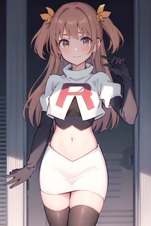nozomi_routine,1girl, solo, long hair, two side up, holding, hair ornament, looking at viewer,yellow bow, hair ornament,  team rocket,team rocket uniform,white skirt,red letter R,crop top,black thigh-highs,black elbow gloves

