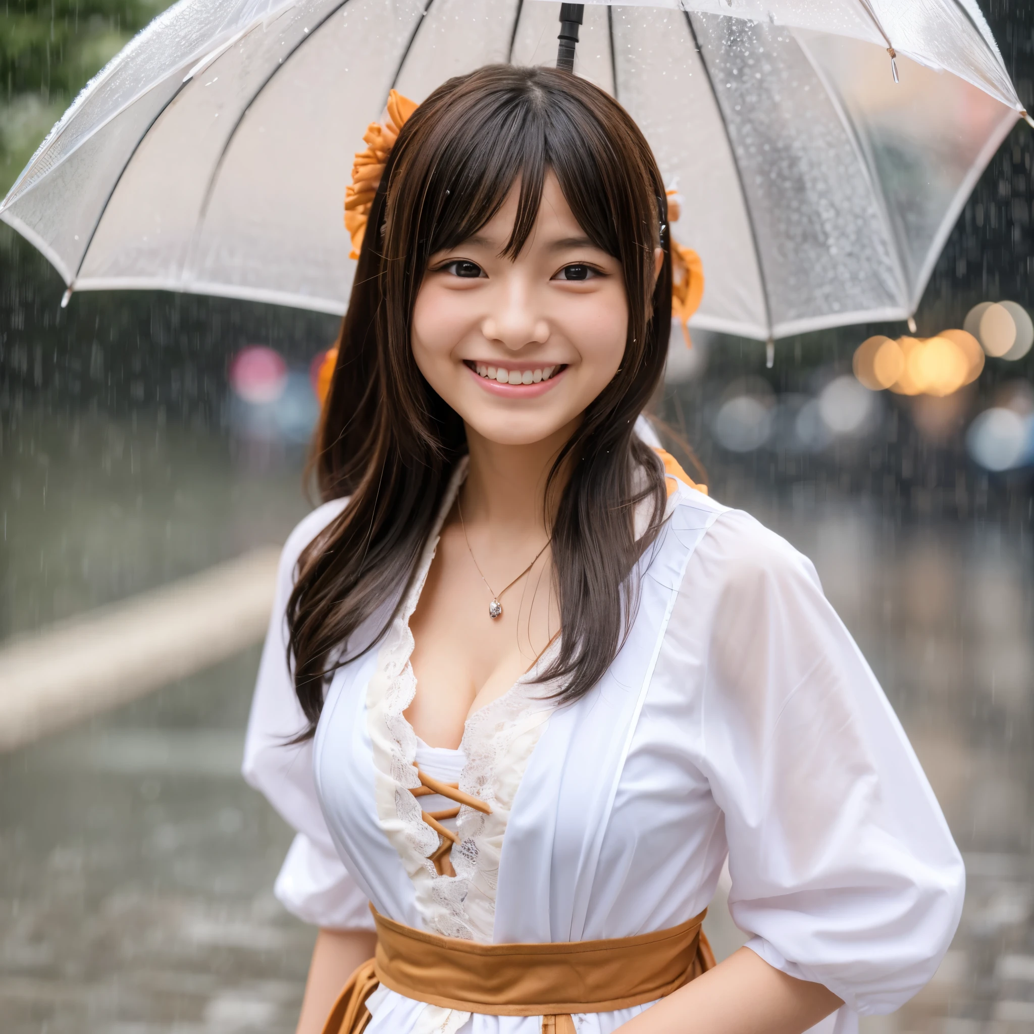 Cute face like a 15-year-old idol Smiling Kindly Japanese maid cafe outfit Maid clothes Cosplay Cleavage Medium bust In the heavy rain She doesn't have an umbrella She doesn't have an umbrella My hair, face and whole body are soaked from the rain In the city RAW Photos Genuine Genuine High resolution