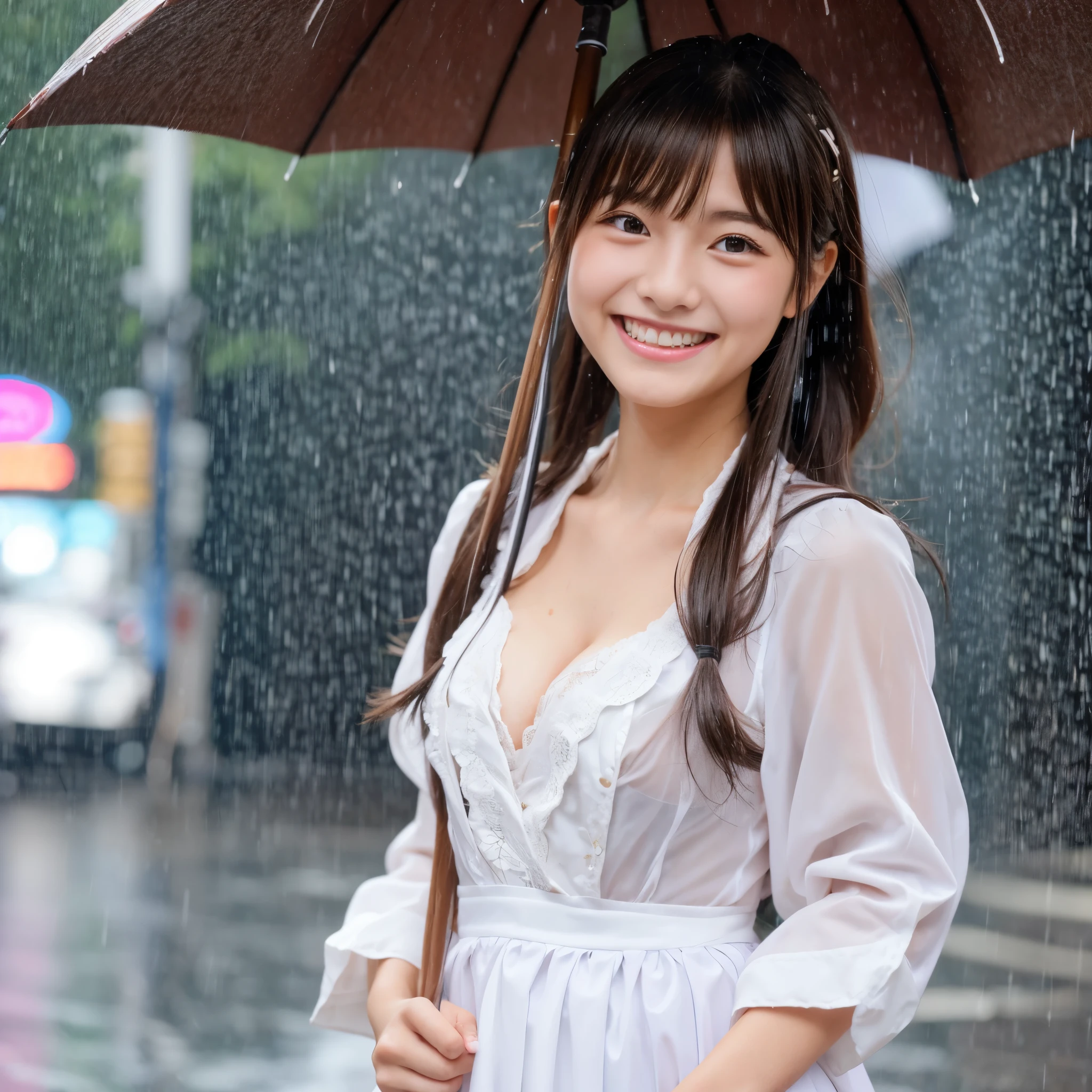Cute face like a -yeld idSmiling Kindly Japanese maid cafe outfit Maid clothes Cosplay Cleavage Medium bust In the heavy rain She doesn't have an umbrella She doesn't have an umbrella My hair, face and whole body are soaked from the rain In the city RAW Photos Genuine Genuine High resolution