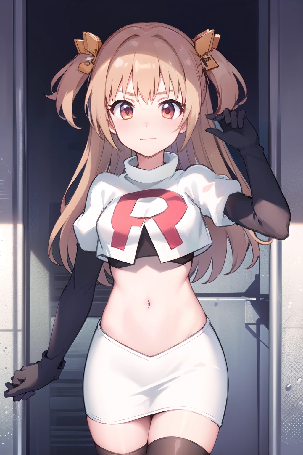 nozomi_routine,1girl, solo, long hair, two side up, holding, hair ornament, looking at viewer,yellow bow, hair ornament, team rocket,team rocket uniform,white skirt,red letter R,crop top,black thigh-highs,black elbow gloves
