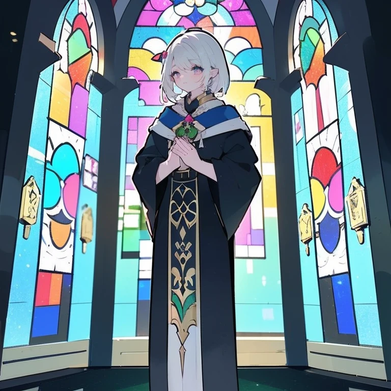 (Sozinho:1.2), (1 freira fofa rezando:1.3) Standing in the church, (praying with hands clasped on chest:1.2), Muito magro, (robe preto longo e transparente:1.5), (seios desproporcionalmente gigantescos:1.3), (estourando seios empinados:1.2), cintura inconcebivelmente estreita, tronco muito curto, pernas longas e magras, fechando os olhos, nariz corado, Boca aberta, (Heavy breathing:1.2), stained glass in the distance, corpo todo, 8k, ultra-detalhado, obra de arte, lindo cabelo detalhado