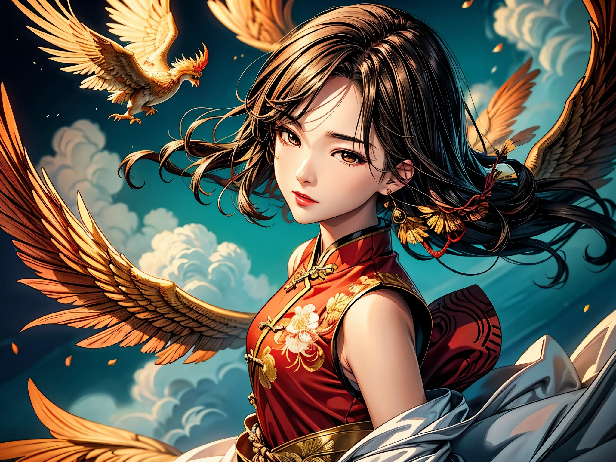 {{{{{illustration}}}}},author：Yuko Shimizu,1 Girl,Chinese Phoenix,Chinese Girl,female focus on, {{Colored ink drawing}},{{Ink splash}},{{Splash of Color}},{{{rich and colorful}}},{{sketch}}, masterpiece,best quality, Beautiful painting,Very detailed,