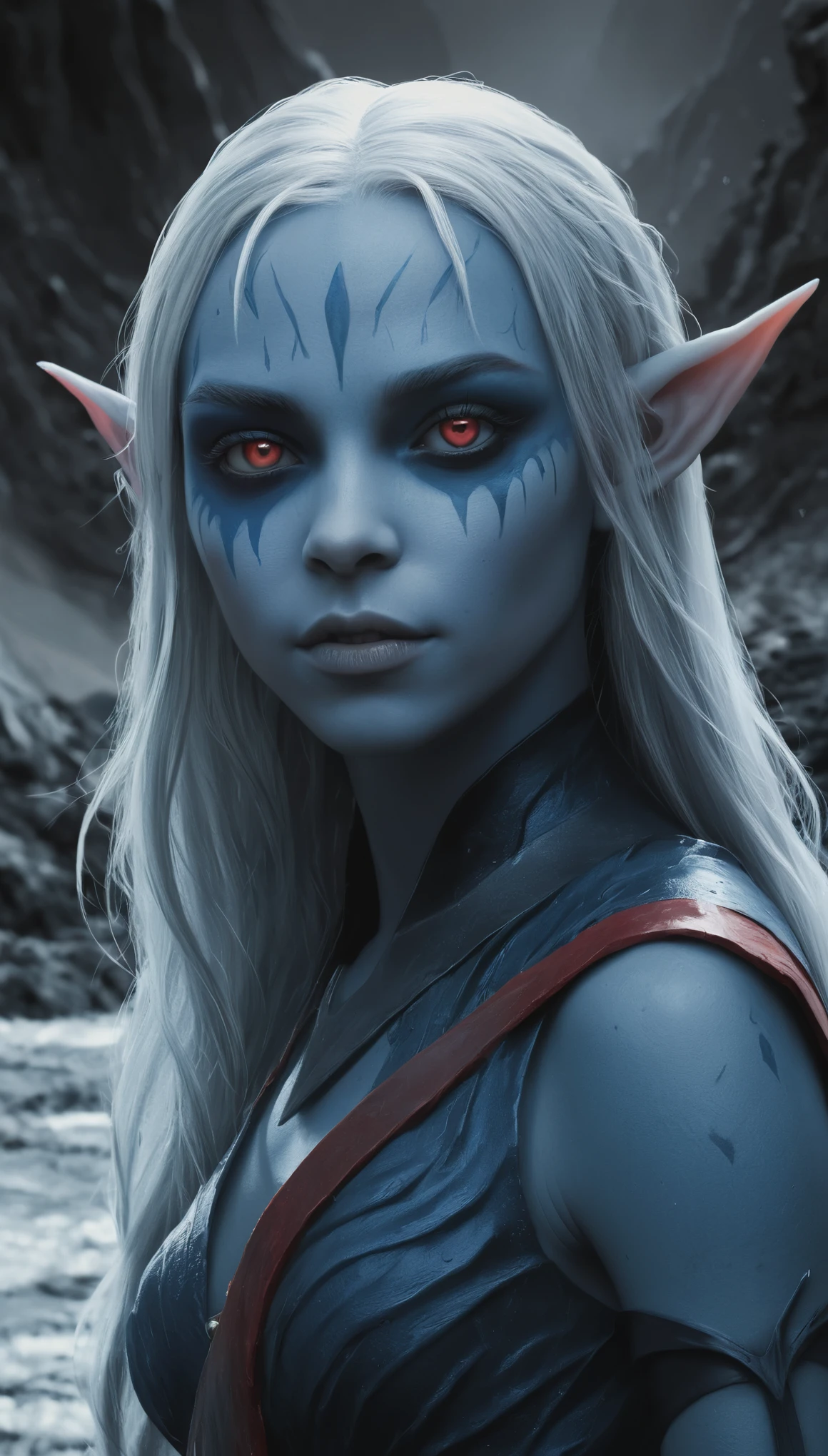 An illustrated movie poster, hand-drawn, full color, a young drow girl, drow elf, blue skin, blue complexion, pointy elf ears, ruby eyes, ashen hair, long loose waves, waist-length hair, posing near a lava river, hard shadows, graphite shading, stencil marks, airbrushed acrylic paint, masterpiece, in the style of Rockstar Games