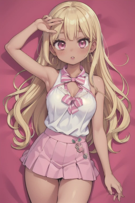 (masterpiece, best quality), 1girl, nude, Miss, Tall, Fit, Square Face, Dark Skin, blonde Hair, pink Eyes, Straight Nose, full Lips, Receding Chin, Long Hair, Wavy Hair, gyaru hair, full breasts, earrings, lipstick, gyaru, gyaru loose school clothes,