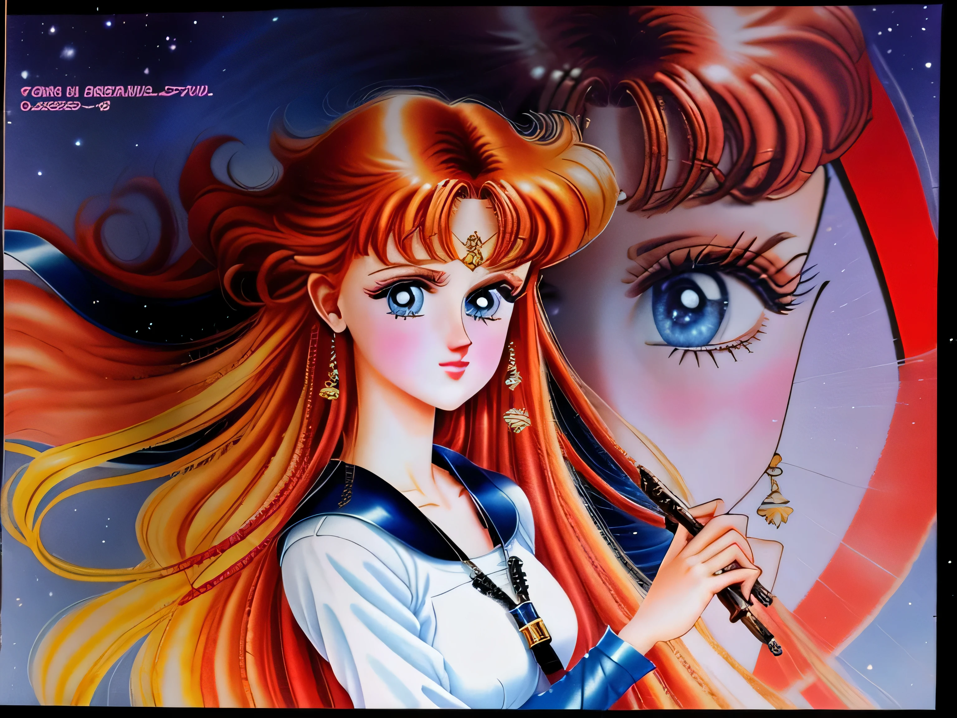 a close up of a cartoon of a girl, knights of zodiac girl, 1990s cartoon, Naoko Takeuchi Style, 1 young girl who has big eyes and long red hair and blue eyes who is around 12 years of age. Conceptual art, Ultra-Wide Angle, UHD, masterpiece, anatomically correct, 1080P, 4K, 8k, best quality,
