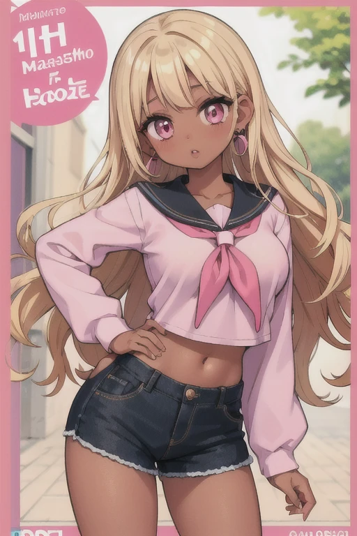 (masterpiece, best quality), 1girl, nude, Miss, Tall, Fit, Square Face, Dark Skin, blonde Hair, pink Eyes, Straight Nose, full Lips, Receding Chin, Long Hair, Wavy Hair, gyaru hair, highlights in hair, full breasts, earrings, lipstick, gyaru, gyaru loose school clothes,