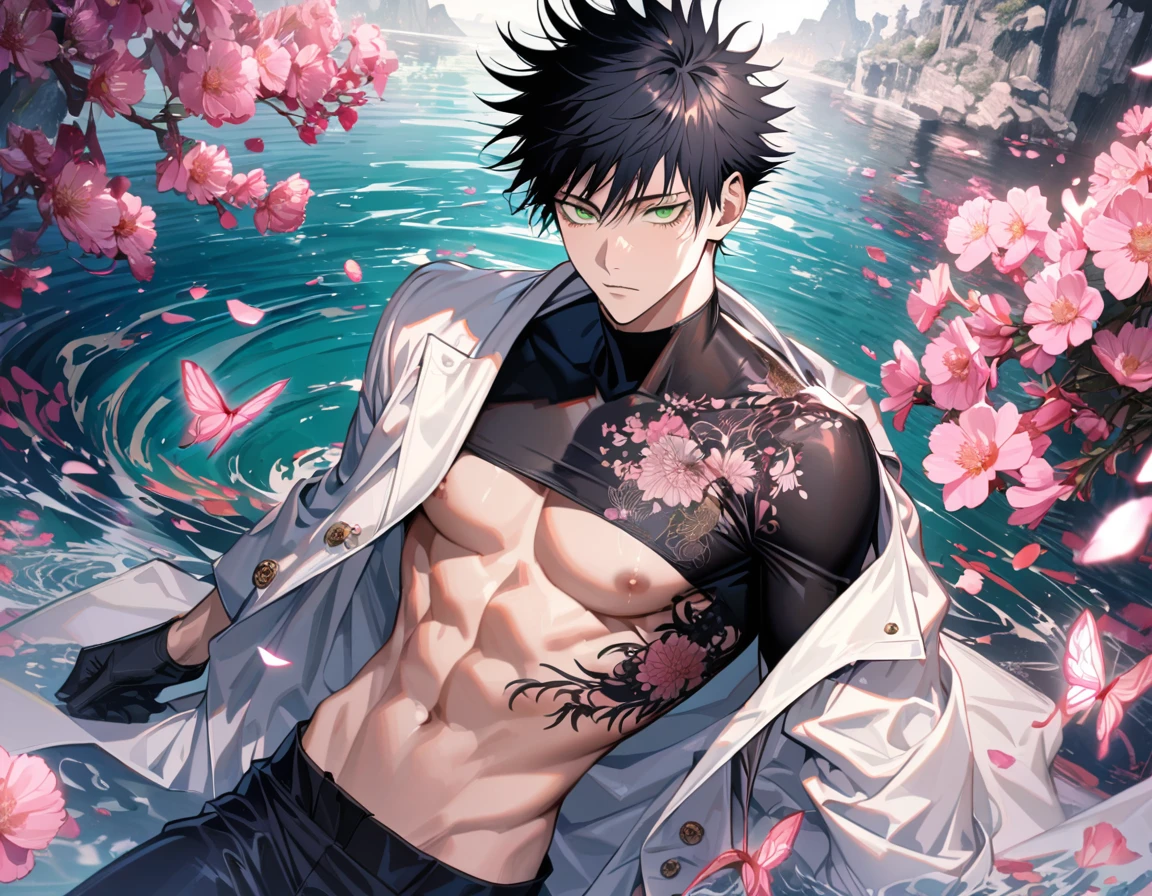 Ultra detailed, Highres, absurdres, Fushiguro Megumi, black hair, green eyes, white long coat with patterns, Jujutsu Kaisen, pink flowers, petals, extremely handsome, sexy man, toned chest, solo, very detailed eyes and face, black gloves, water, black pants, pink butterflies, black tight t-shirt,