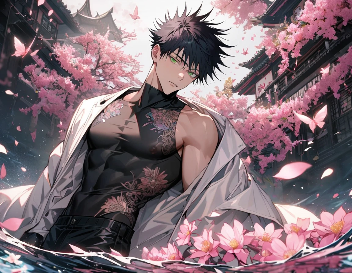 Ultra detailed, Highres, absurdres, HDR, Fushiguro Touji, black straight hair, expressive green eyes, black scarf with patterns, white kimono, Jujutsu Kaisen, glittering red butterflies, petals, handsome, sexy man, solo, very detailed eyes and face, master piece, toned chest, glittering, fantasy, red forest,