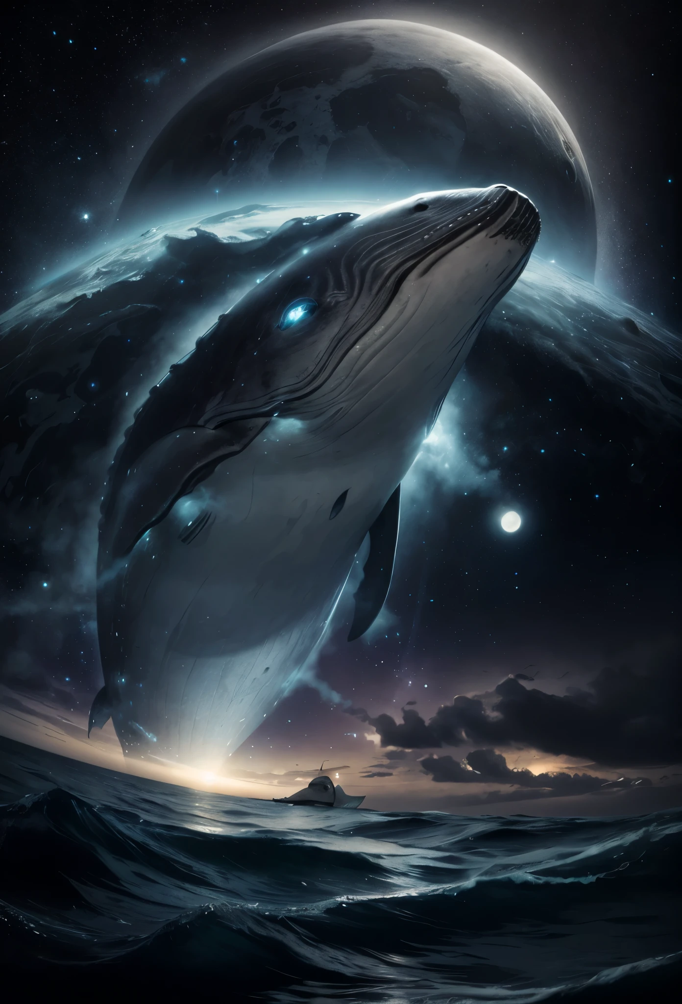 A huge gray whale jumps out of the starry sea, Magnetic storms, the night, starry sky sea, a huge gray whale in the starry sky, Jean-Baptiste Monge, anthropomorphic --ar 2:3 --testp -optimistic; Straight hair