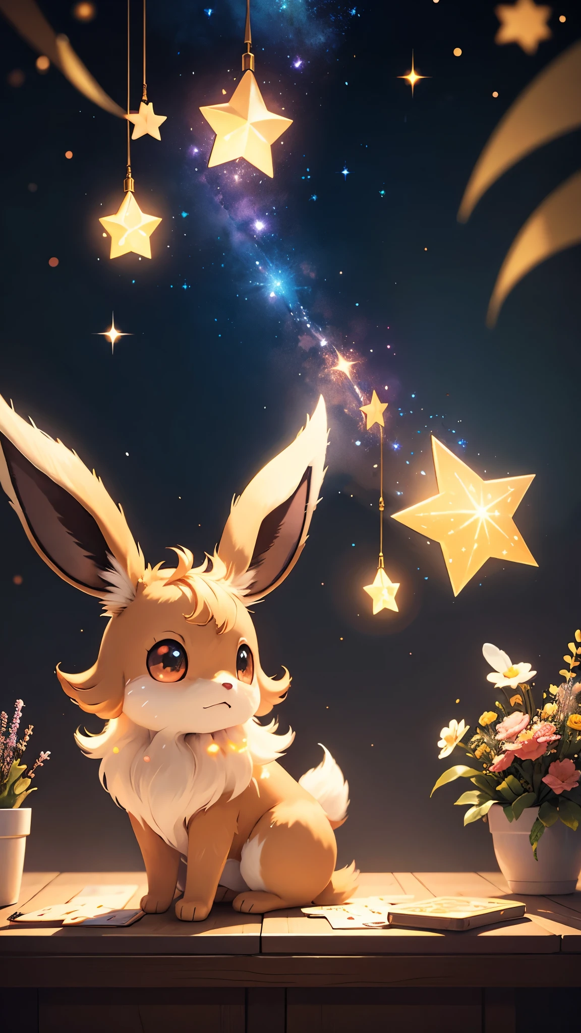 eevee, Permanent, Accompany the stars, card game, illustration, sparkle, ray tracing, bloom, masterpiece, award winning, best quality, highres, UHD, 8k