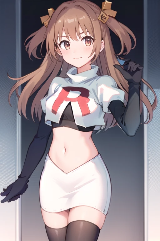 nozomi_routine,1girl, solo, long hair, two side up, holding, hair ornament, looking at viewer,yellow bow, hair ornament, team rocket,team rocket uniform,white skirt,red letter R,crop top,black thigh-highs,black elbow gloves