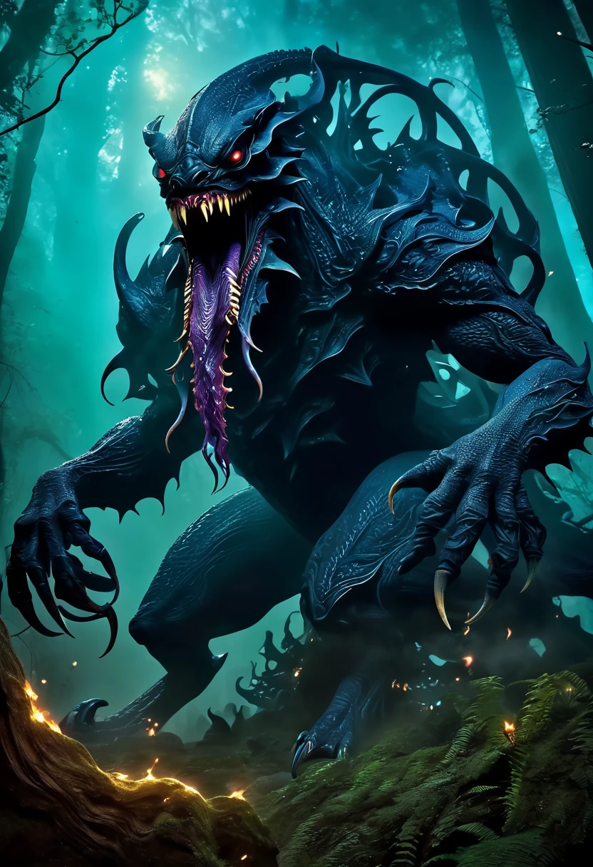 best quality,4k,8k,highres,masterpiece:1.2,ultra-detailed,realistic:1.37, menacing creature,monstrous,exquisite,poisonous,haunting,breathtaking design,dynamic angle,from the side,(An extraterrestrial creature floats around, shooting an acid beam. Its body resembles lovecraftian horrors),intricate patterns,mysterious atmosphere,shadowy brilliance,dimly lit, intense focus on details,gloomy and enigmatic, vivid colors,vibrant hues,subtle shading,stark contrast, soft and diffused lighting,casting eerie shadows, (exquisite biome),dense corrupted forest,mystical glow, imposing and menacing presence,nightmarish encounter,ominous aura,mystifying allure,venomous secretion, sinister vibration,spreading unease,inducing awe, magnificent creature,dark enchantment, gothic