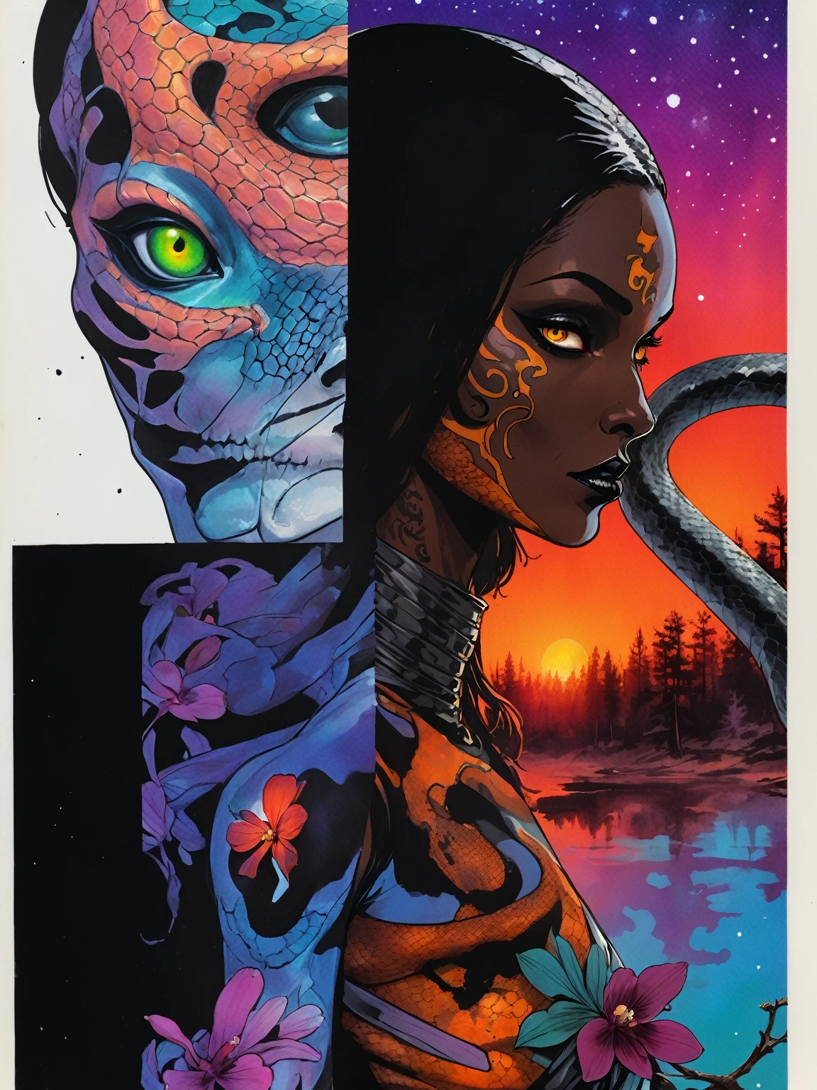 Medusa, splash page decompressed comic cover art, ink style figure,((expressive Joelle Jones and "Sean Gordon Murphy" comic drawing)), wordless, cinematic poster, double exposure, optical illusion, image within image, abyss void black no visibility darkness, full length portrait, (background, pine barrens, entropy, rewilding, magic hour sunset, galaxy stars, cosmos), (horror, abstract, surreal, body, cosmic), candid, snake skin dress, body anatomy drawn Frederic Delavier musculature anatomical illustration, (face, ornate black metal ?????? paint, resembles Grace Jones), (body, Naga, snakefolk, lower body snake tail, snake woman hybrid, bald, hairless, skeleton, snake skin tattoos, piercing eyes, snake pupils, over the shoulder), (colors, bleak muted deep fiery radiant glowing ROYGBIV, forest green, earth brown), craftsmanship nuance, (Gerardo Zaffino charcoal), subliminal orchids, nyctophobia, silhouette




