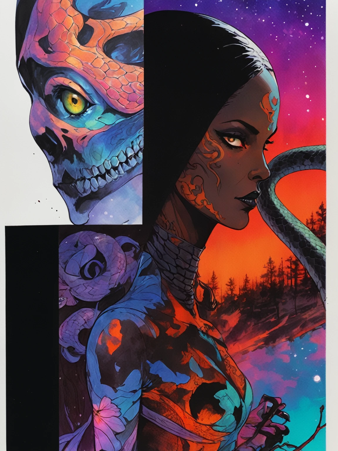 Medusa, splash page decompressed comic cover art, ink style figure,((expressive Joelle Jones and "Sean Gordon Murphy" comic drawing)), wordless, cinematic poster, double exposure, optical illusion, image within image, abyss void black no visibility darkness, full length portrait, (background, pine barrens, entropy, rewilding, magic hour sunset, galaxy stars, cosmos), (horror, abstract, surreal, body, cosmic), candid, snake skin dress, body anatomy drawn Frederic Delavier musculature anatomical illustration, (face, ornate black metal corpse paint, resembles Grace Jones), (body, Naga, snakefolk, lower body snake tail, snake woman hybrid, bald, hairless, skeleton, snake skin tattoos, piercing eyes, snake pupils, over the shoulder), (colors, bleak muted deep fiery radiant glowing ROYGBIV, forest green, earth brown), craftsmanship nuance, (Gerardo Zaffino charcoal), subliminal orchids, nyctophobia, silhouette