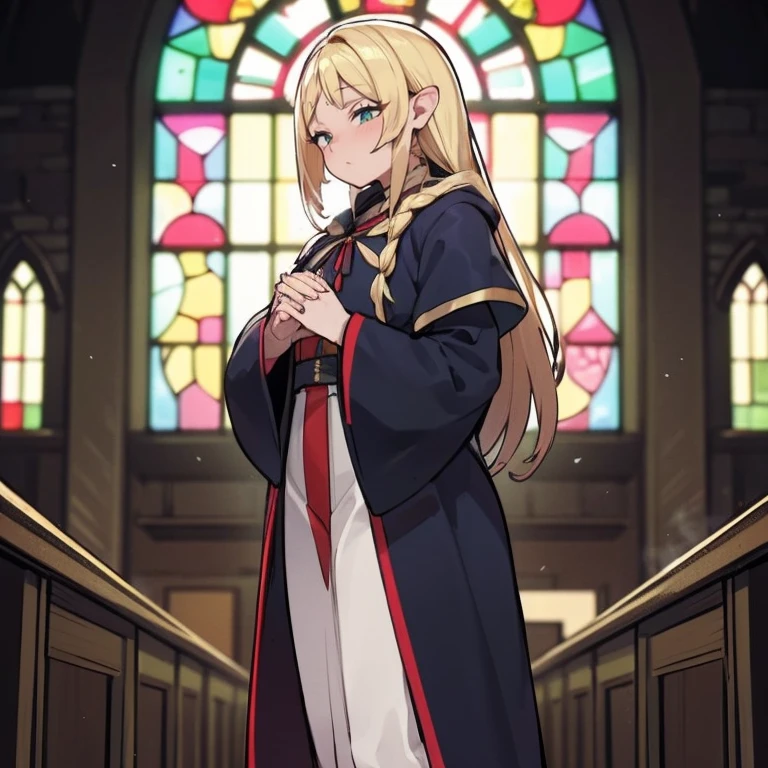 (Sozinho:1.2), (1 freira fofa rezando:1.3) Standing in the church, (praying with hands clasped on chest:1.2), Muito magro, (robe preto longo e transparente:1.5), (seios desproporcionalmente gigantescos:1.3), (estourando seios empinados:1.2), cintura inconcebivelmente estreita, tronco muito curto, pernas longas e magras, fechando os olhos, nariz corado, Boca aberta, (Heavy breathing:1.2), stained glass in the distance, corpo todo, 8k, ultra-detalhado, obra de arte, lindo cabelo detalhado