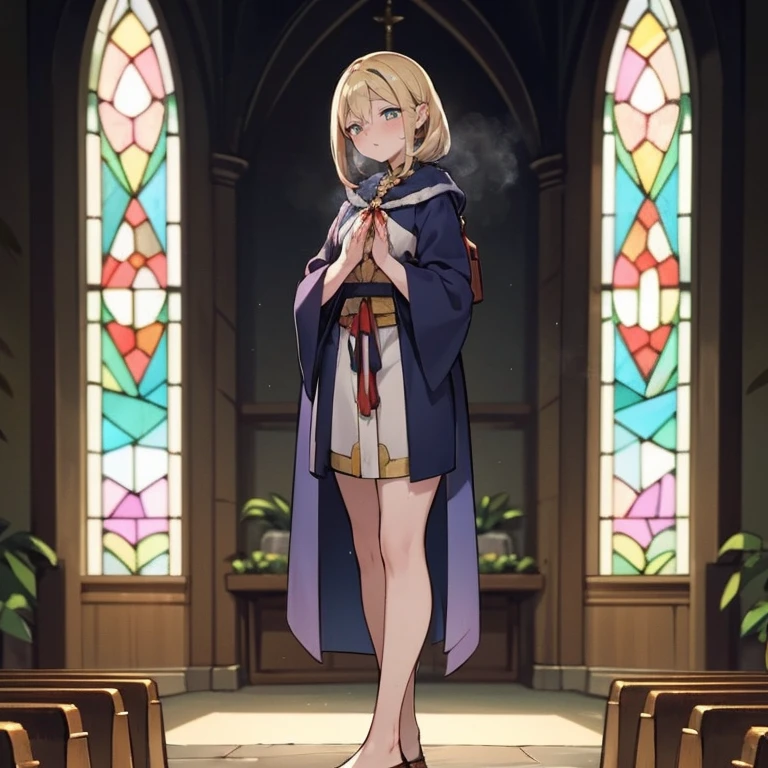 (Sozinho:1.2), (1 freira fofa rezando:1.3) Standing in the church, (praying with hands clasped on chest:1.2), Muito magro, (robe preto longo e transparente:1.5), (seios desproporcionalmente gigantescos:1.3), (estourando seios empinados:1.2), cintura inconcebivelmente estreita, tronco muito curto, pernas longas e magras, fechando os olhos, nariz corado, Boca aberta, (Heavy breathing:1.2), stained glass in the distance, corpo todo, 8k, ultra-detalhado, obra de arte, lindo cabelo detalhado