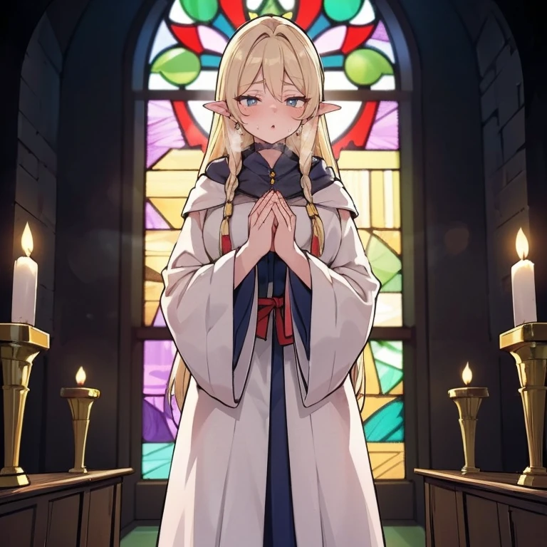(Sozinho:1.2), (1 freira fofa rezando:1.3) Standing in the church, (praying with hands clasped on chest:1.2), Muito magro, (robe preto longo e transparente:1.5), (seios desproporcionalmente gigantescos:1.3), (estourando seios empinados:1.2), cintura inconcebivelmente estreita, tronco muito curto, pernas longas e magras, fechando os olhos, nariz corado, Boca aberta, (Heavy breathing:1.2), stained glass in the distance, corpo todo, 8k, ultra-detalhado, obra de arte, lindo cabelo detalhado