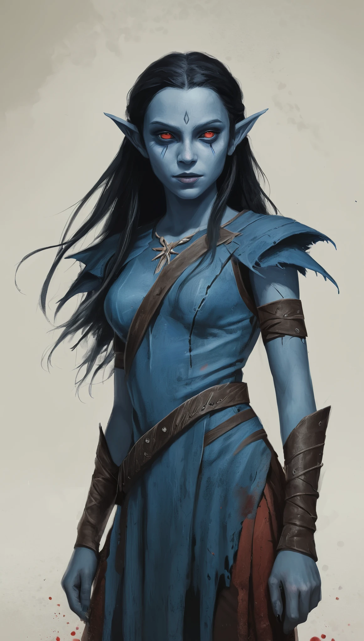 An illustrated movie poster, hand-drawn, full color, a young drow girl, drow elf, wearing a tattered tunic, blue skin, blue complexion, pointy elf ears, ruby eyes, dark hair, long loose waves, waist-length hair, posing in a fiery volacnic wasteland, hard shadows, graphite shading, stencil marks, airbrushed acrylic paint, masterpiece, in the style of Rockstar Games