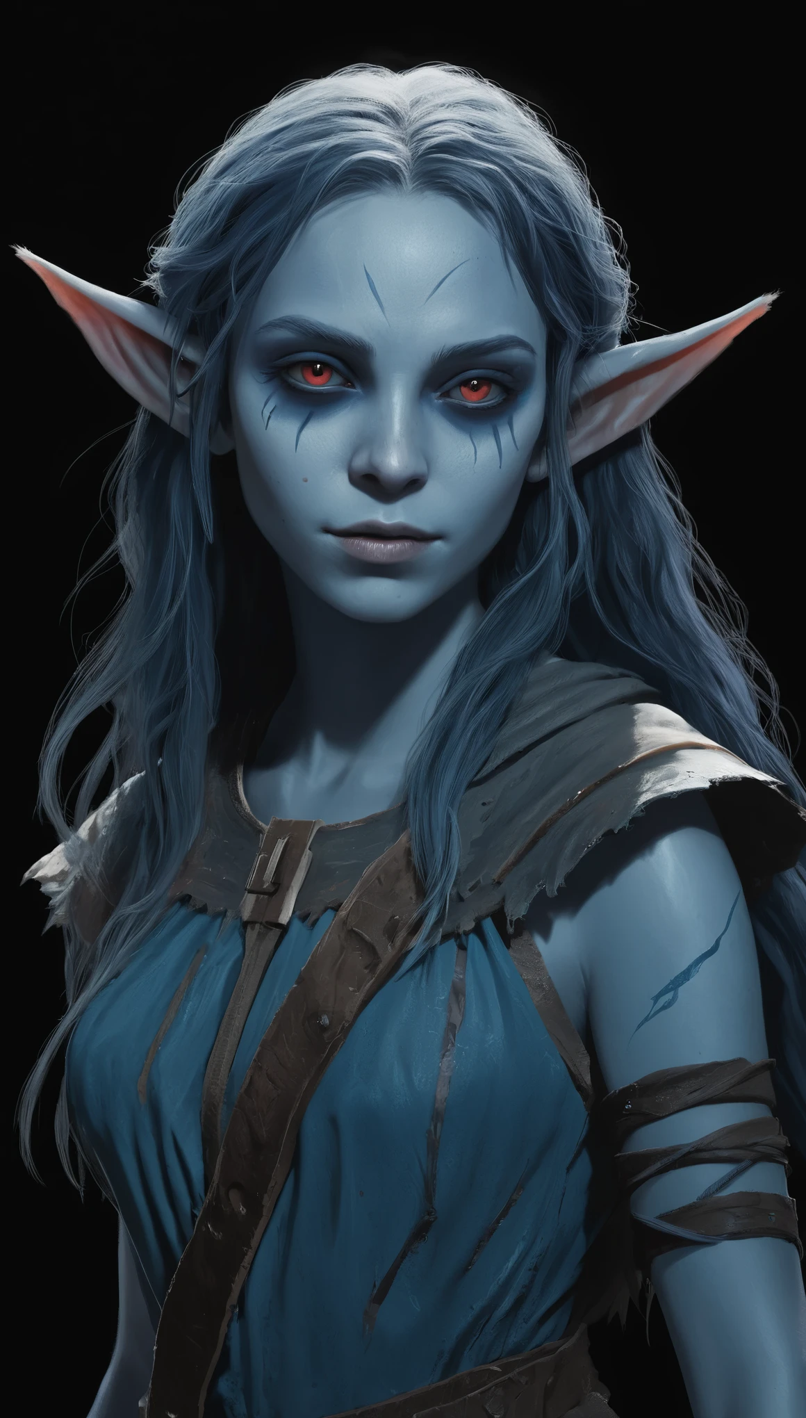 An illustrated movie poster, hand-drawn, full color, a young drow girl, drow elf, wearing a tattered tunic, blue skin, blue complexion, pointy elf ears, ruby eyes, dark hair, long loose waves, waist-length hair, posing in a fiery volacnic wasteland, hard shadows, graphite shading, stencil marks, airbrushed acrylic paint, masterpiece, in the style of Rockstar Games